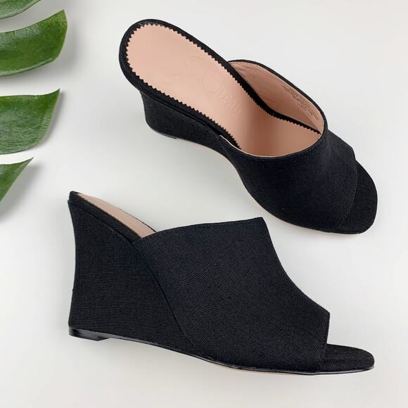 J Crew Bianca Woven Wedge Sandals Black Slip On Open Toe Women's 7.5 - Picture 1 of 11